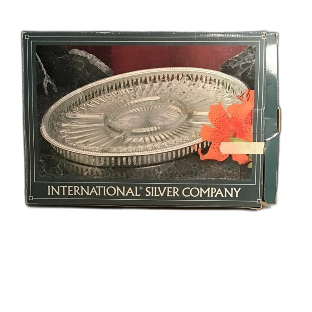 Vintage International Silver Company Silverplated & Crystal Relish Tray w/ Box